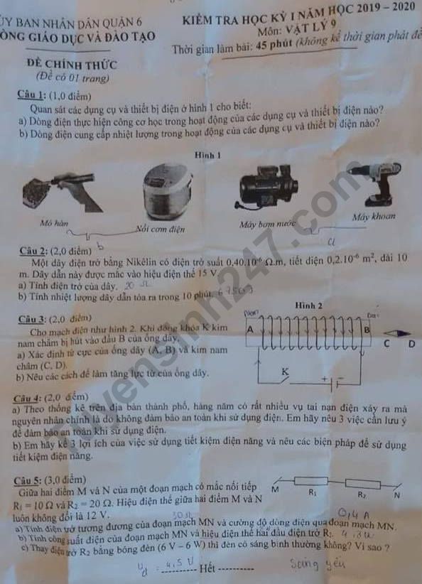 Đề thi kì 1 Môn Lý lớp 9 Phòng GD&ĐT Quận 6  năm 2019-2020