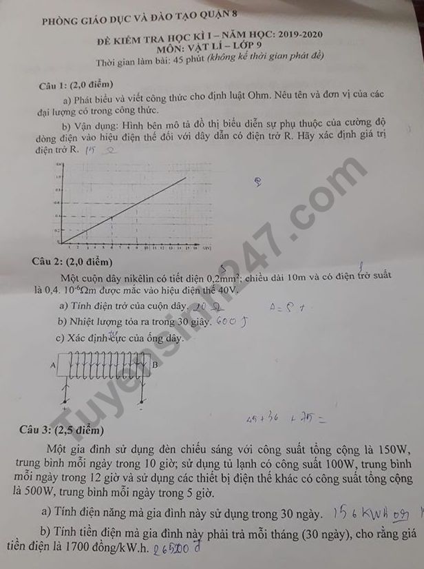 Đề cương cuối kì 1 lớp 9  môn Lý năm 2019 Phòng GD&ĐT Quận 8 