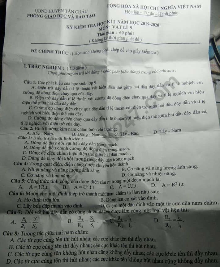 Đề thi cuối kì 1 lớp 9 môn Lý Phòng GD&ĐT Tân Châu năm 2019