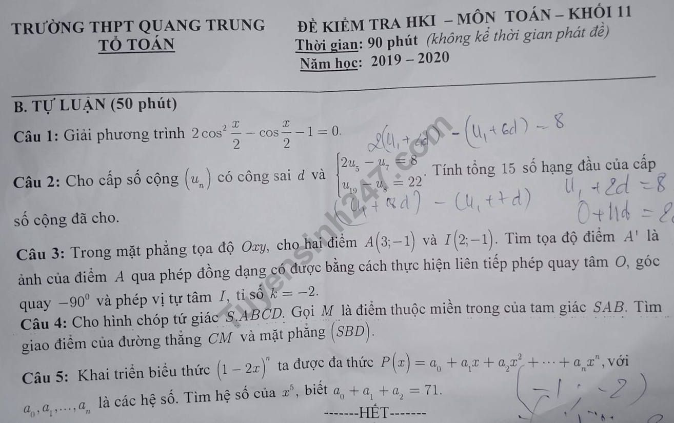 Đề thi cuối kì 1 môn Toán lớp 11 - THPT Quang Trung năm 2019