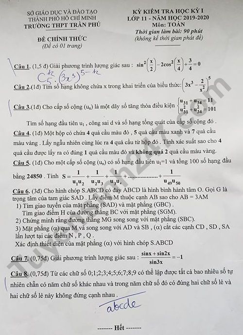 Đề thi cuối kì 1 lớp 11 môn Toán - THPT Trần Phú năm 2019-2020