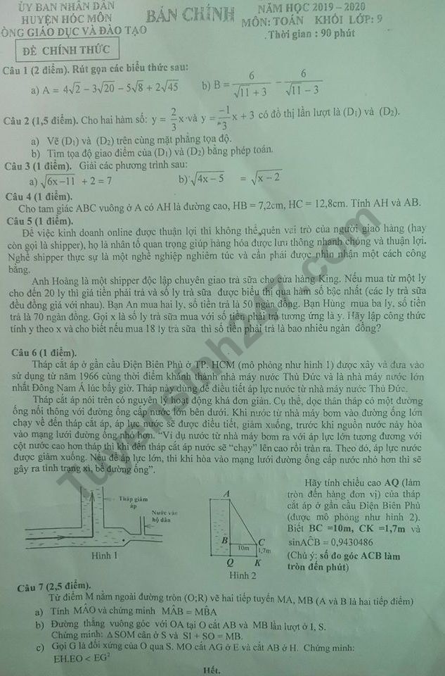 Đề thi cuối kì 1 Toán lớp 9 năm 2019 Phòng GD&ĐT Hóc Môn 