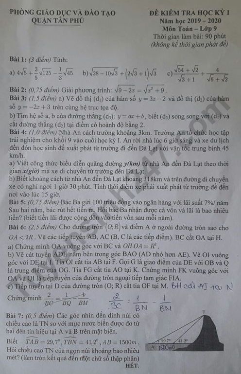 Đề thi cuối kì 1 môn Toán lớp 9 Phòng GD&ĐT Tân Phú năm 2019