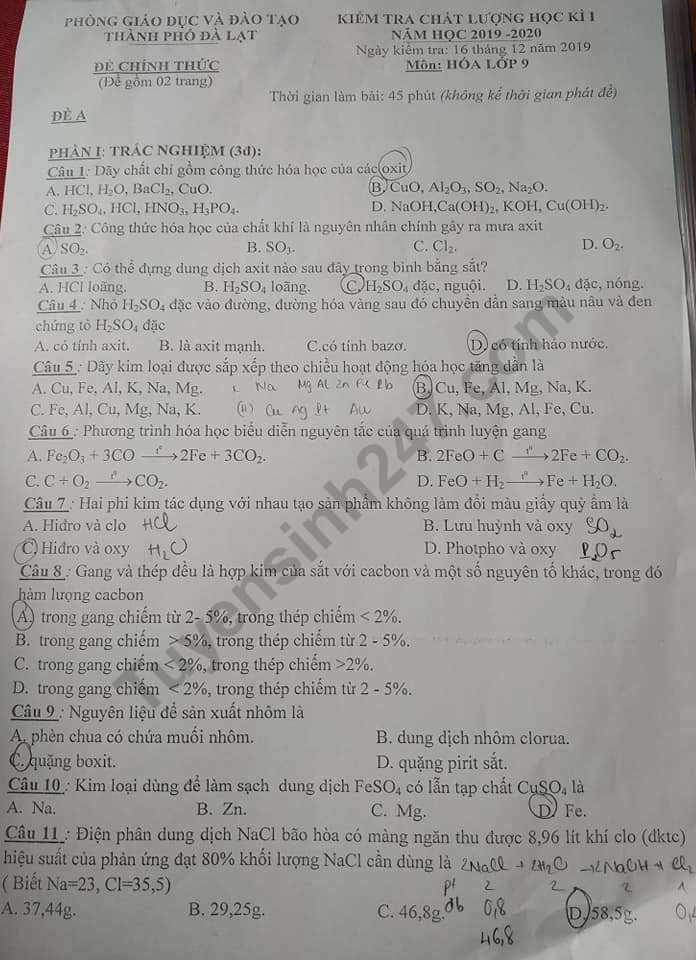 Đề thi học kì 1 lớp 9 môn Hóa Phòng GD&ĐT TP. Đà Lạt năm 2019