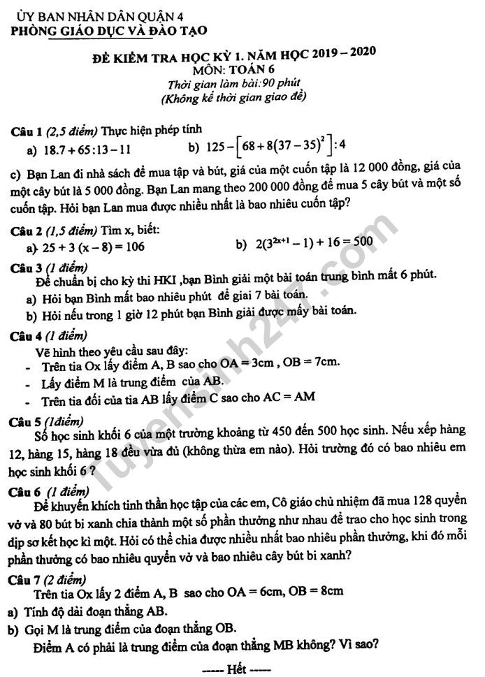 Đề thi kì 1 môn Toán lớp 6 năm 2019 - 2020 Quận 4