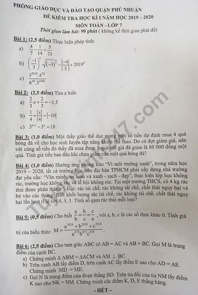 Đề thi kì 1 lớp 7 môn Toán 2019 - 2020 Quận Phú Nhuận