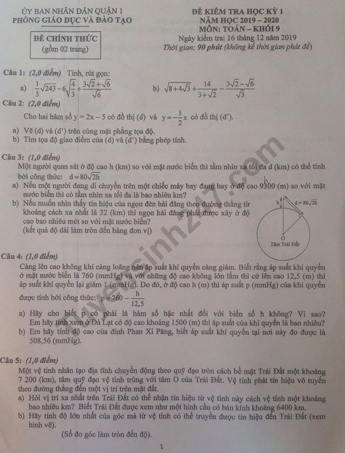 Đề thi lớp 9 học kì 1 môn Toán Quận 1 năm 2019