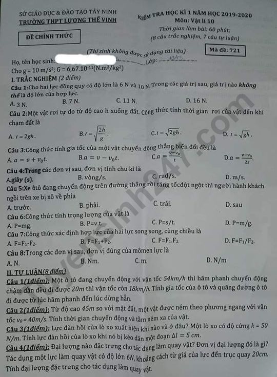 Đề thi môn Lý  học kì 1 lớp 10 THPT Lương Thế Vinh năm 2019