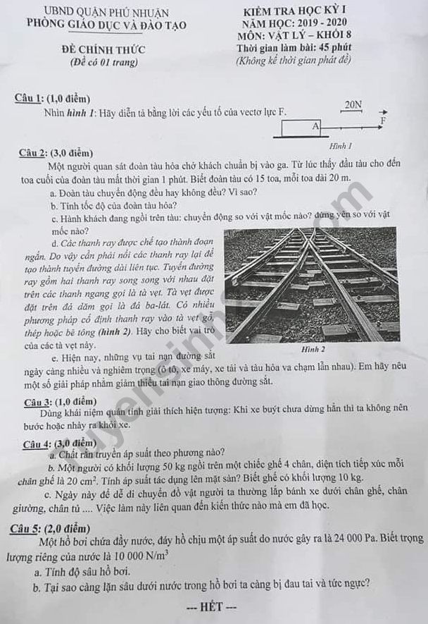 Đề thi kì 1 Lý lớp 8 Phòng GD&ĐT Phú Nhuận năm 2019