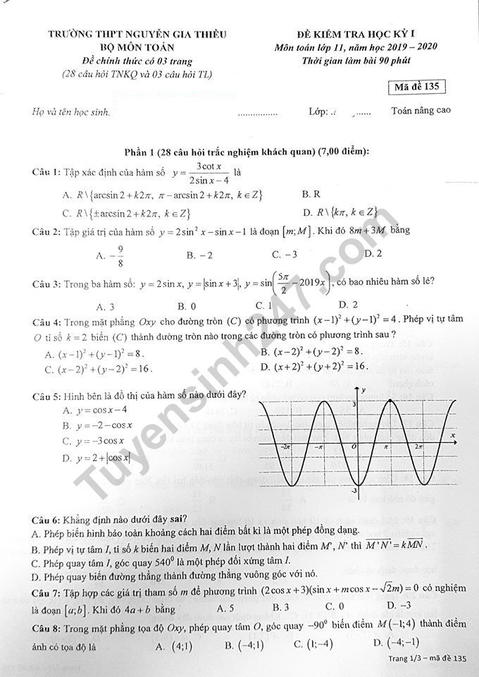 Đề thi môn Toán lớp 11 kì năm 2019 THPT Nguyễn Gia Thiều
