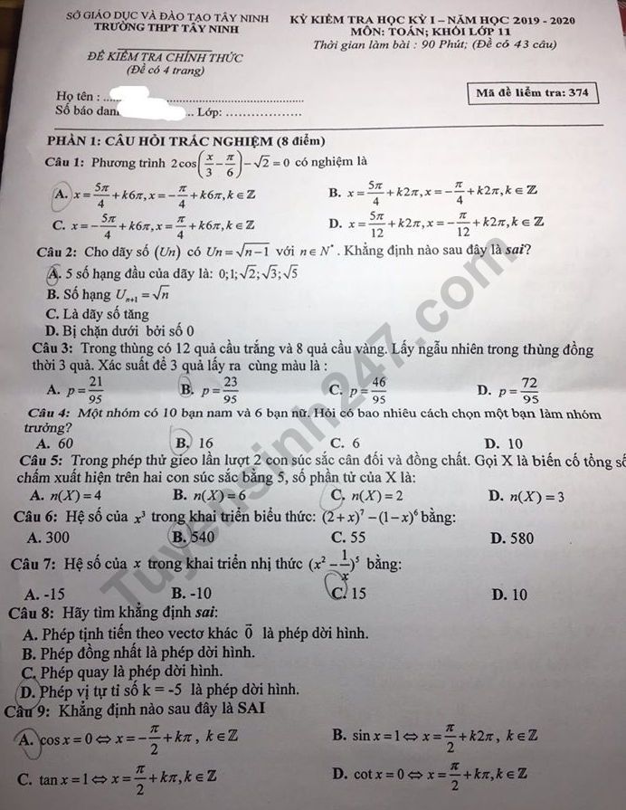 Đề thi môn Toán lớp 11 cuối kì 1 THPT Tây Ninh năm 2019-2020