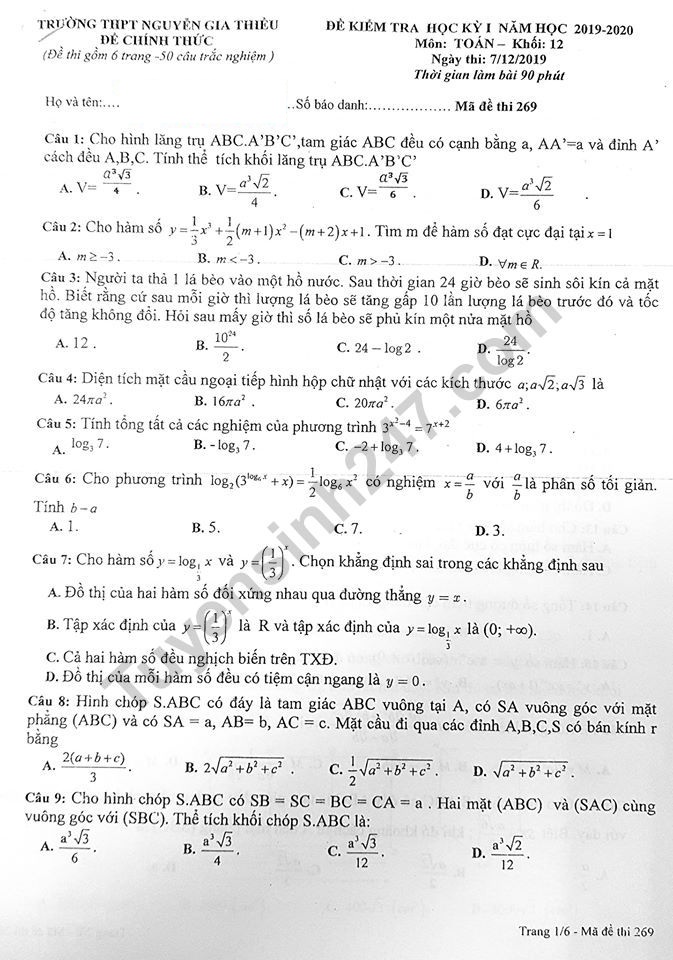 Đề thi học kì 1  môn lớp 12 Toán THPT Nguyễn Gia Thiều năm 2019