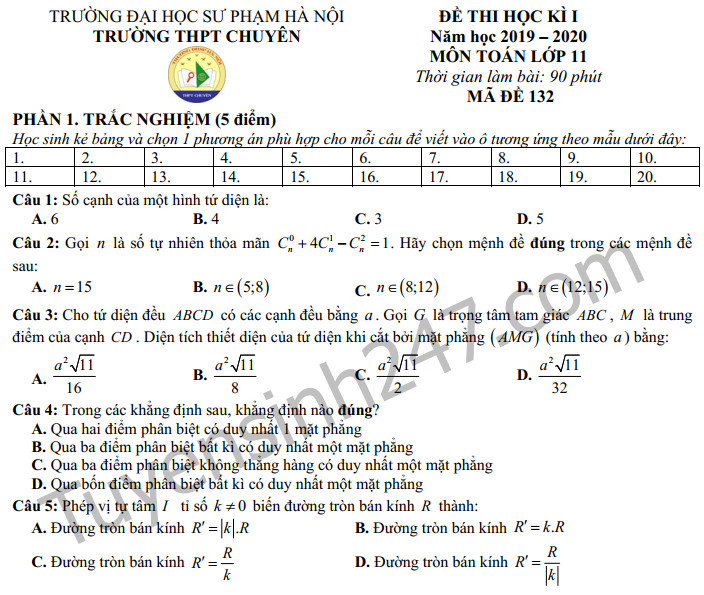 Đề thi Toán kì 1 lớp 11 năm 2019 THPT Chuyên ĐHSP Hà Nội