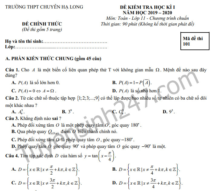 Đề thi học kì 1 môn Toán lớp 11 năm 2019 THPT Chuyên Hạ Long 