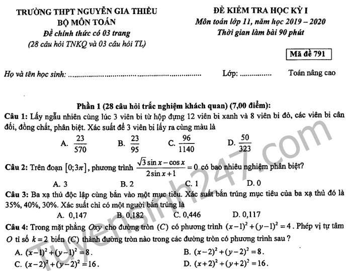 Đề thi kì 1 lớp 11 môn Toán năm 2019 THPT Nguyễn Gia Thiều 