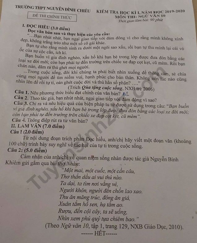 Đề thi kì 1 lớp 10 môn Văn 2019 - 2020 THPT Nguyễn Đình Chiểu