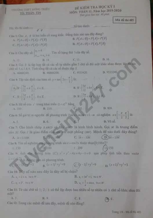 Đề thi kì 1 môn Toán lớp 11 năm 2019 - 2020 THPT Đông Triều