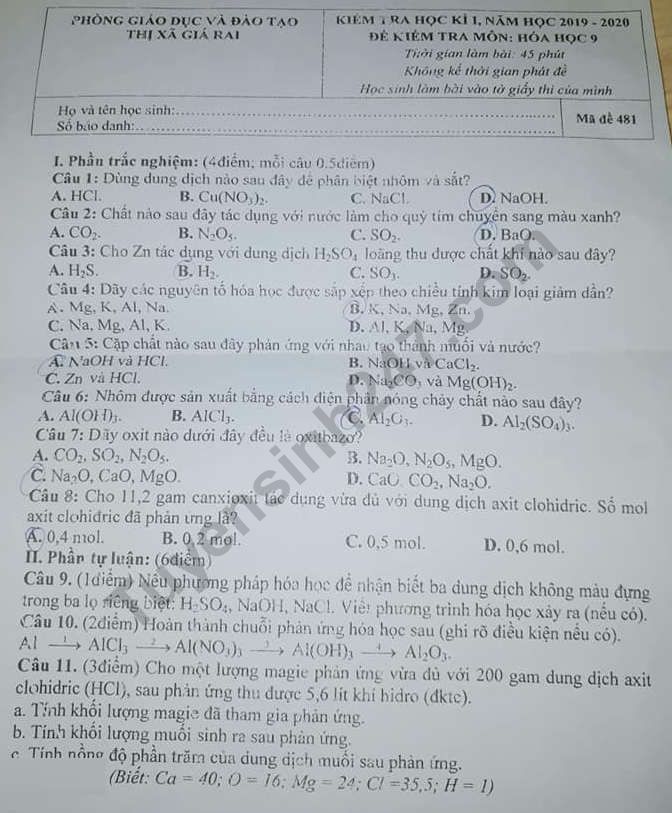 Đề thi kì 1 môn Hóa lớp 9 Phòng GD Giá Rai 2019 - 2020