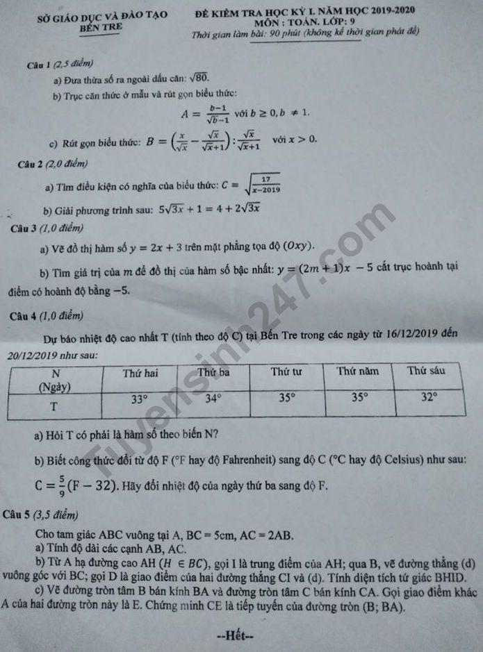 Đề thi kì 1 lớp 9 môn Toán tỉnh Bến Tre năm 2019 - 2020