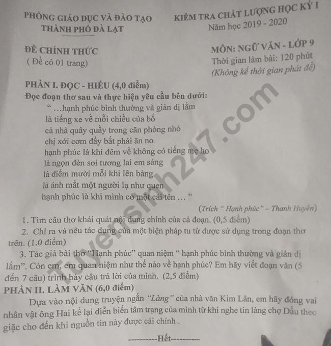 Đề thi kì 1 môn Văn lớp 9 năm 2019 - 2020 TP Đà Lạt