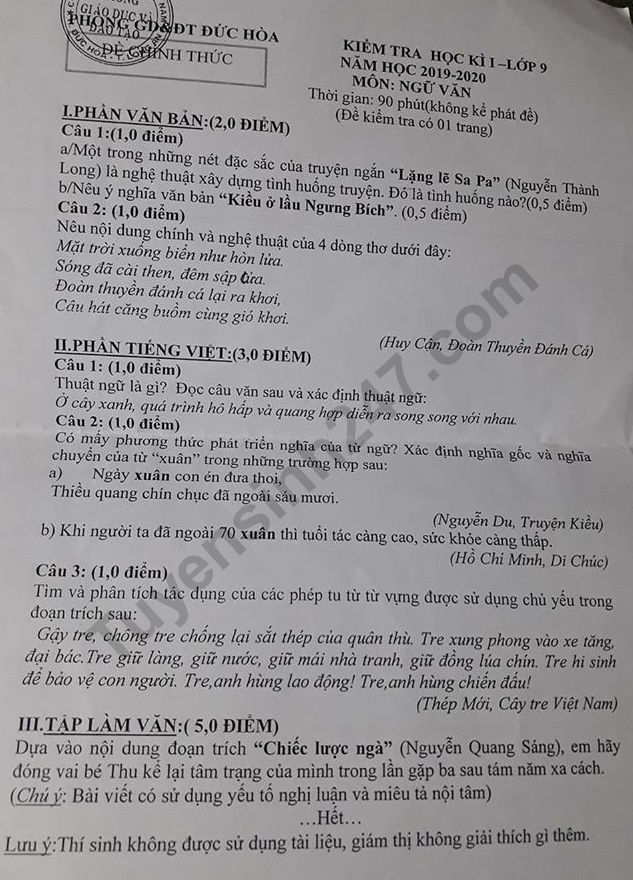 Đề thi kì 1 môn Văn lớp 9 năm 2019 - 2020 Phòng GD Đức Hòa