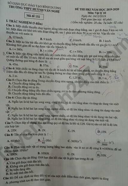 Đề thi kì 1 lớp 10 môn Lý THPT Huỳnh Văn Nghệ năm 2019-2020