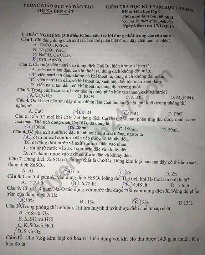 Đề thi học kì 1 lớp 9 môn Hóa Phòng GD&ĐT Bến Cát năm 2019