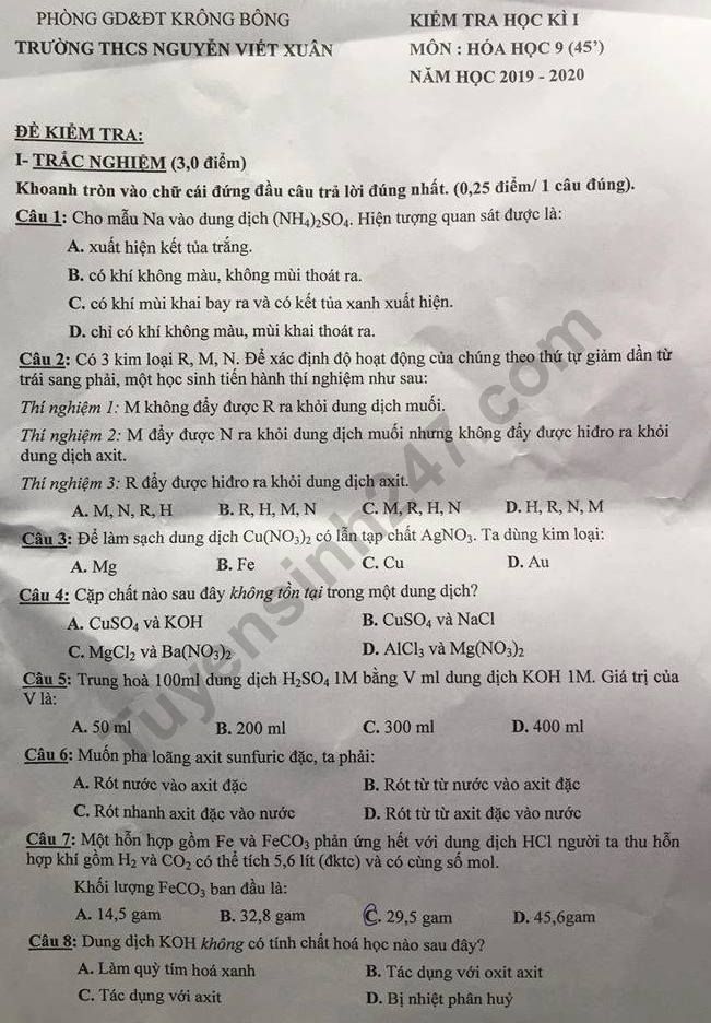 Đề thi môn Hóa kì 1 lớp 9 năm 2019 THCS Nguyễn Viết Xuân 