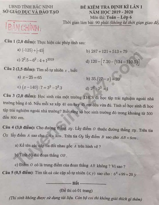 Đề kì 1 môn Toán lớp 6 năm 2019 - Sở GD Bắc Ninh