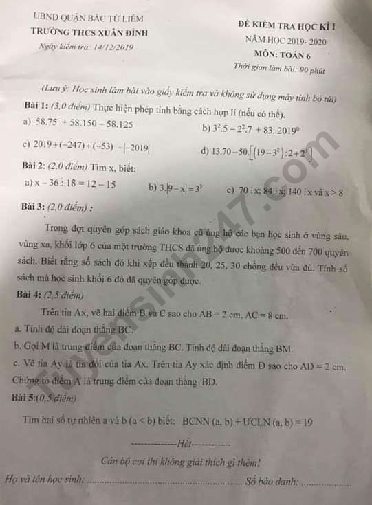 Đề thi kì 1 môn Toán lớp 6 năm 2019 THCS Xuân Đỉnh