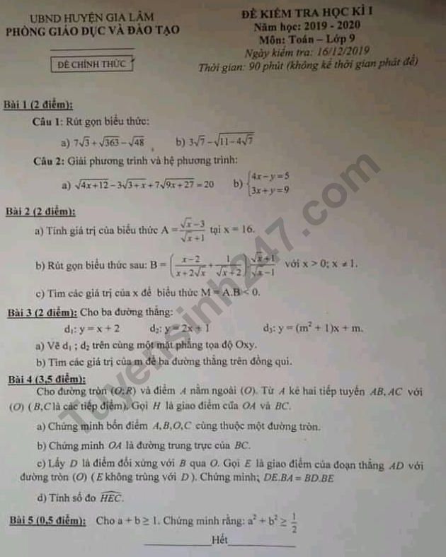 Đề thi kì 1 môn Toán lớp 9 huyện Gia Lâm 2019 - 2020 