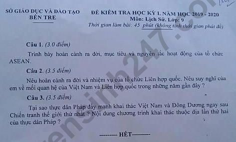 Đề thi cuối kì 1 môn Sử lớp 9 Sở GD&ĐT Bến Tre năm 2019 