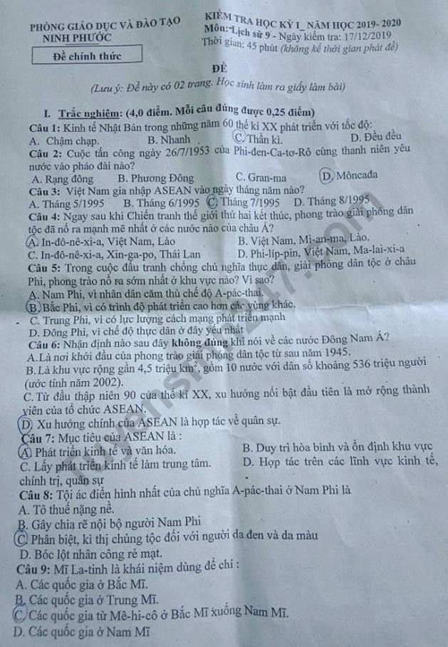 Đề thi học kì 1 môn Sử lớp 9 năm 2019 Phòng GD&ĐT Ninh Phước