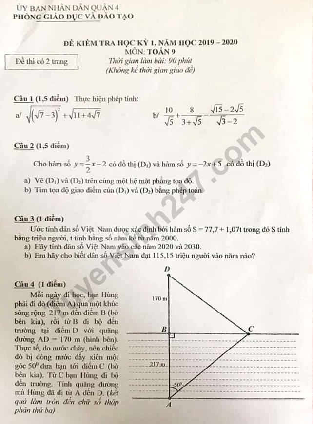 Đề thi lớp 9 môn Toán kì 1 Phòng GD&ĐT Quận 4 năm 2019