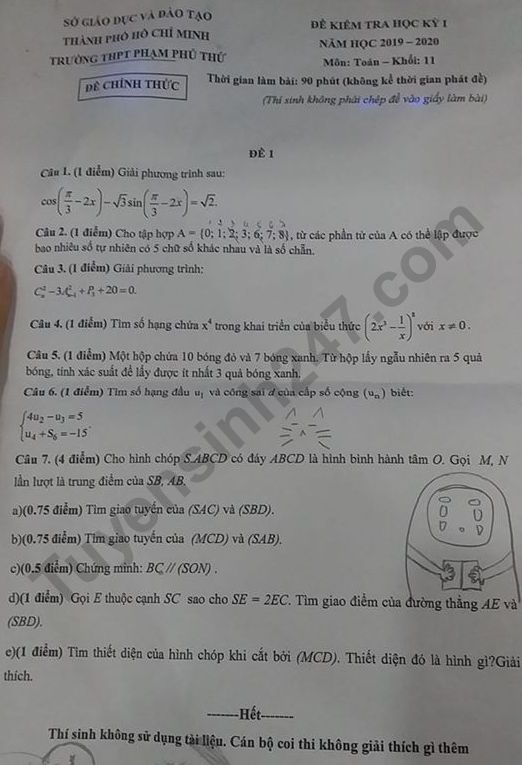 Đề thi kì 1 môn Toán lớp 11 năm 2019 - 2020 THPT Phạm Phú Thứ