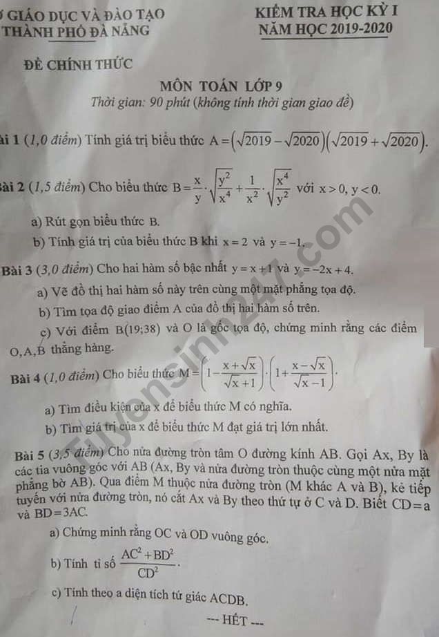 Đề thi kì 1 môn Toán lớp 9 năm 2019 Sở GD Đà Nẵng 