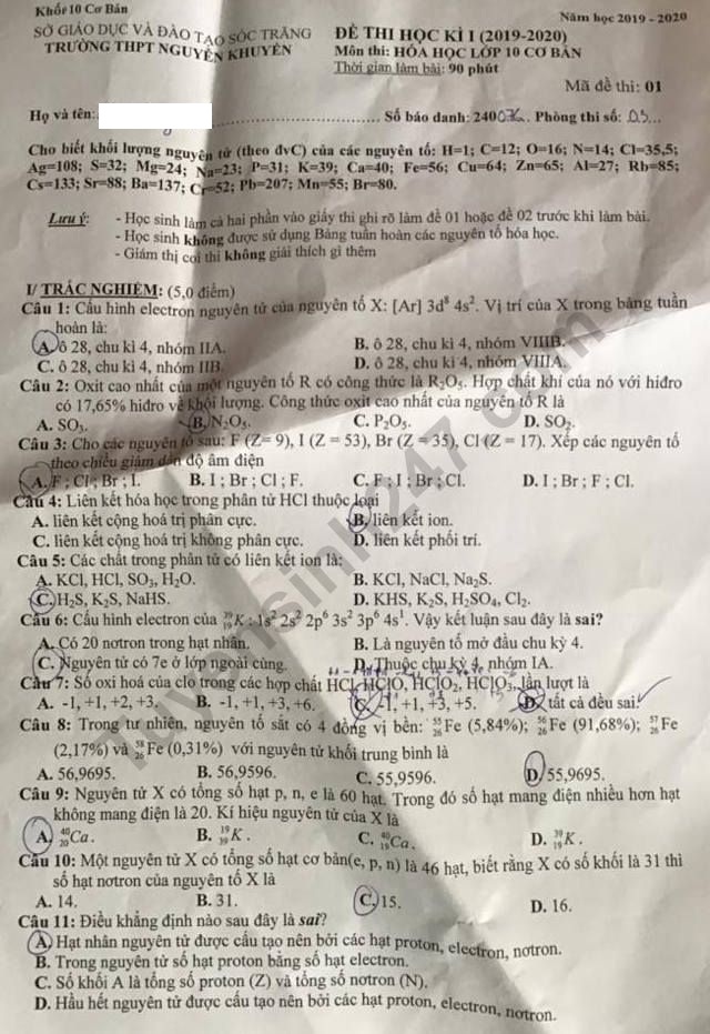 Đề thi môn Hóa lớp 10 kì 1 THPT Nguyễn Khuyến năm 2019