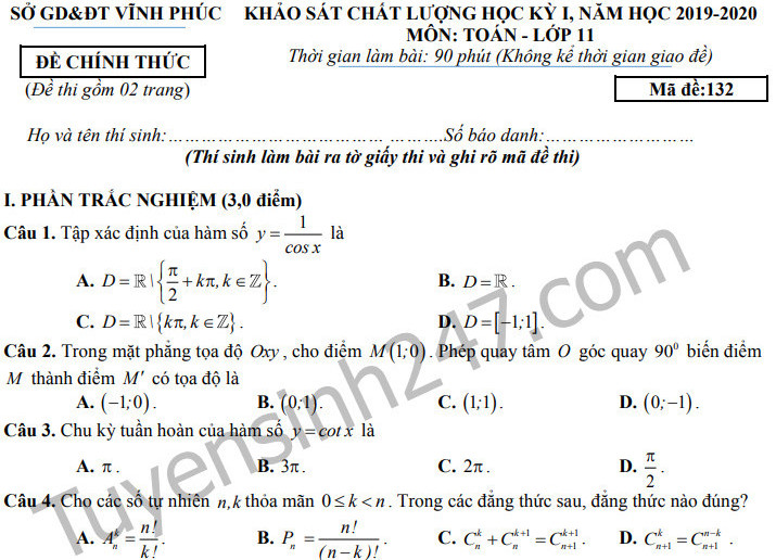 Đề thi kì 1 lớp 11 môn Toán 2019 - 2020 Sở GD Vĩnh Phúc