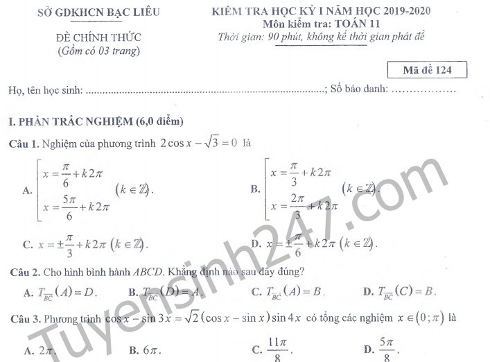 Đề thi kì 1 môn Toán lớp 11 năm 2019 - 2020 Sở GD Bạc Liêu