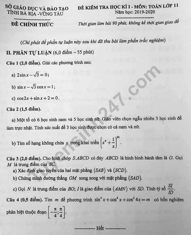 Đề thi kì 1 lớp 11 môn Toán 2019 - 2020 Sở GD Vũng Tàu