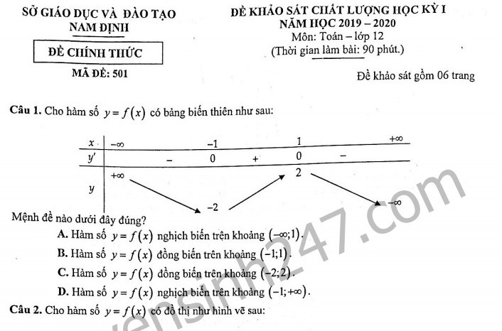 Đề thi kì 1 lớp 12 môn Toán 2019 - 2020 Sở GD Nam Định có đáp án