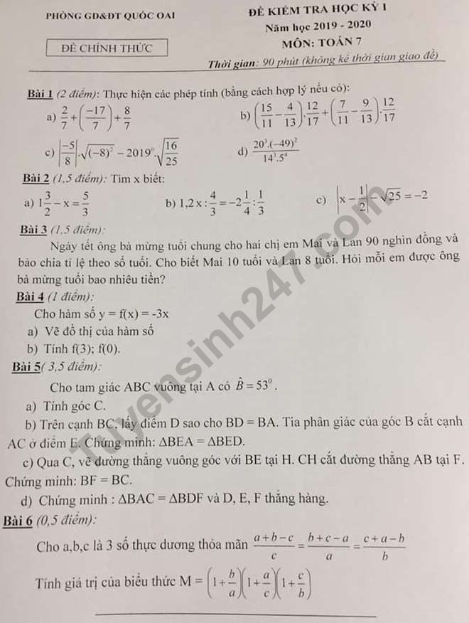 Đề thi kì 1 môn Toán lớp 7 Phòng GD Quốc Oai 2019 - 2020 có đáp án