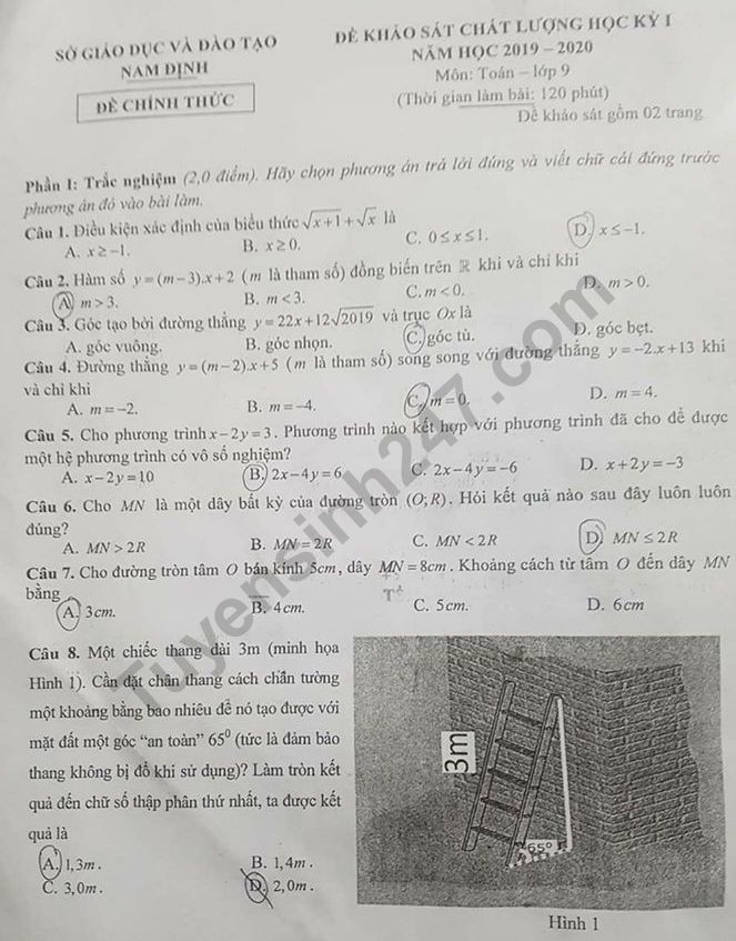 Đề thi kì 1 môn Toán lớp 9 Sở GD Nam Định 2019 có đáp án
