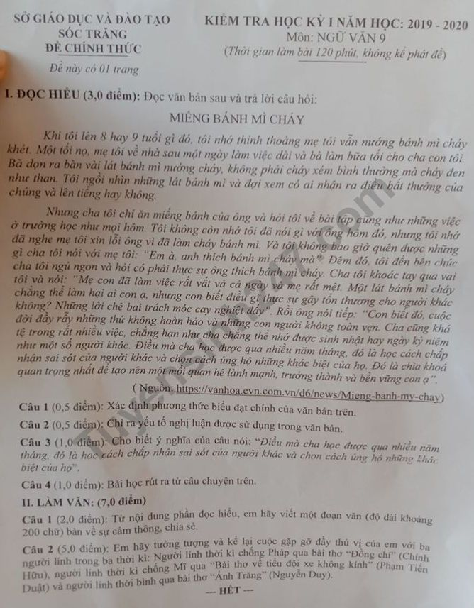 Đề thi kì 1 lớp 9 môn Văn 2019 - 2020 tỉnh Sóc Trăng