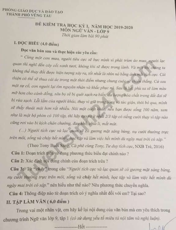 Đề thi kì 1 lớp 9 môn Văn TP Vũng Tàu 2019 - 2020