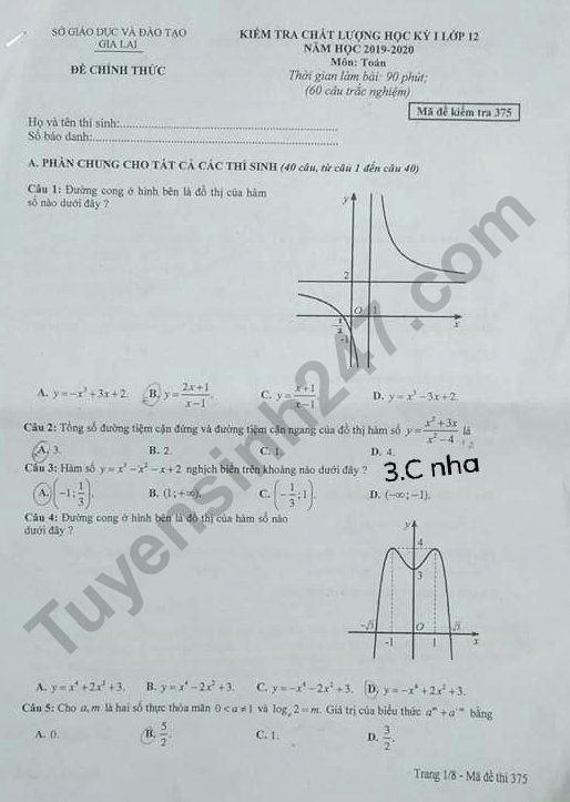 Đề thi kì 1 lớp 12 môn Toán năm 2019 Sở GD&ĐT Gia Lai 