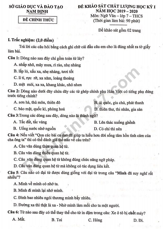 Đề thi kì 1 môn Văn lớp 7 Sở GD Nam Định 2019 