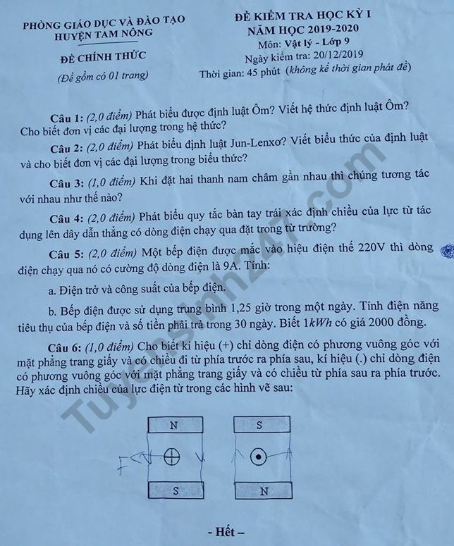 Đề thi học kì 1 môn Lý lớp 9 năm 2019 Phòng GD&ĐT Tam Nông 