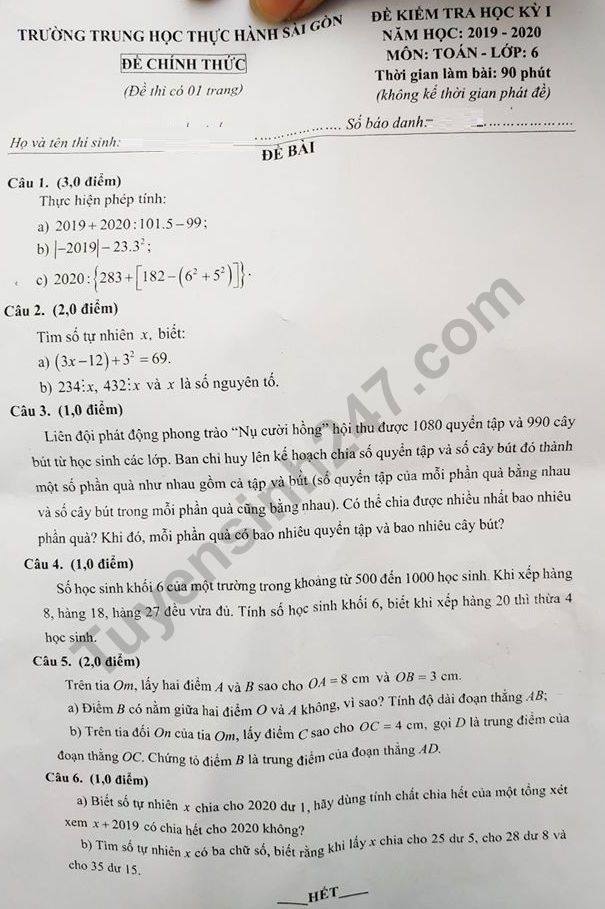 Đề thi học kì 1 lớp 6 môn Toán - THTH Sài Gòn năm 2019-2020