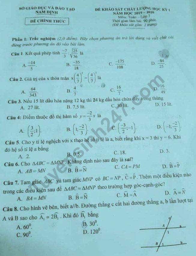 Đề thi  lớp 7 môn Toán học kì 1 Sở GD&ĐT Nam Định năm 2019